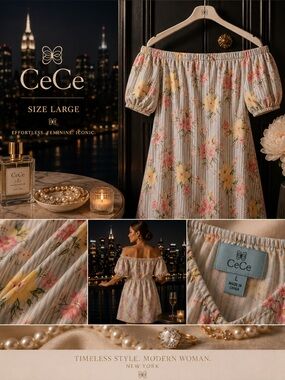 CeCe Blue and Pink Floral Off-Shoulder Top